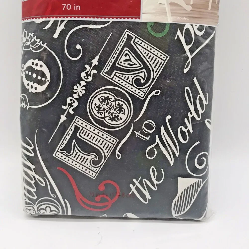 NEW Holiday Time Black Christmas Tablecloth Flannel Back Vinyl 70 inch Round